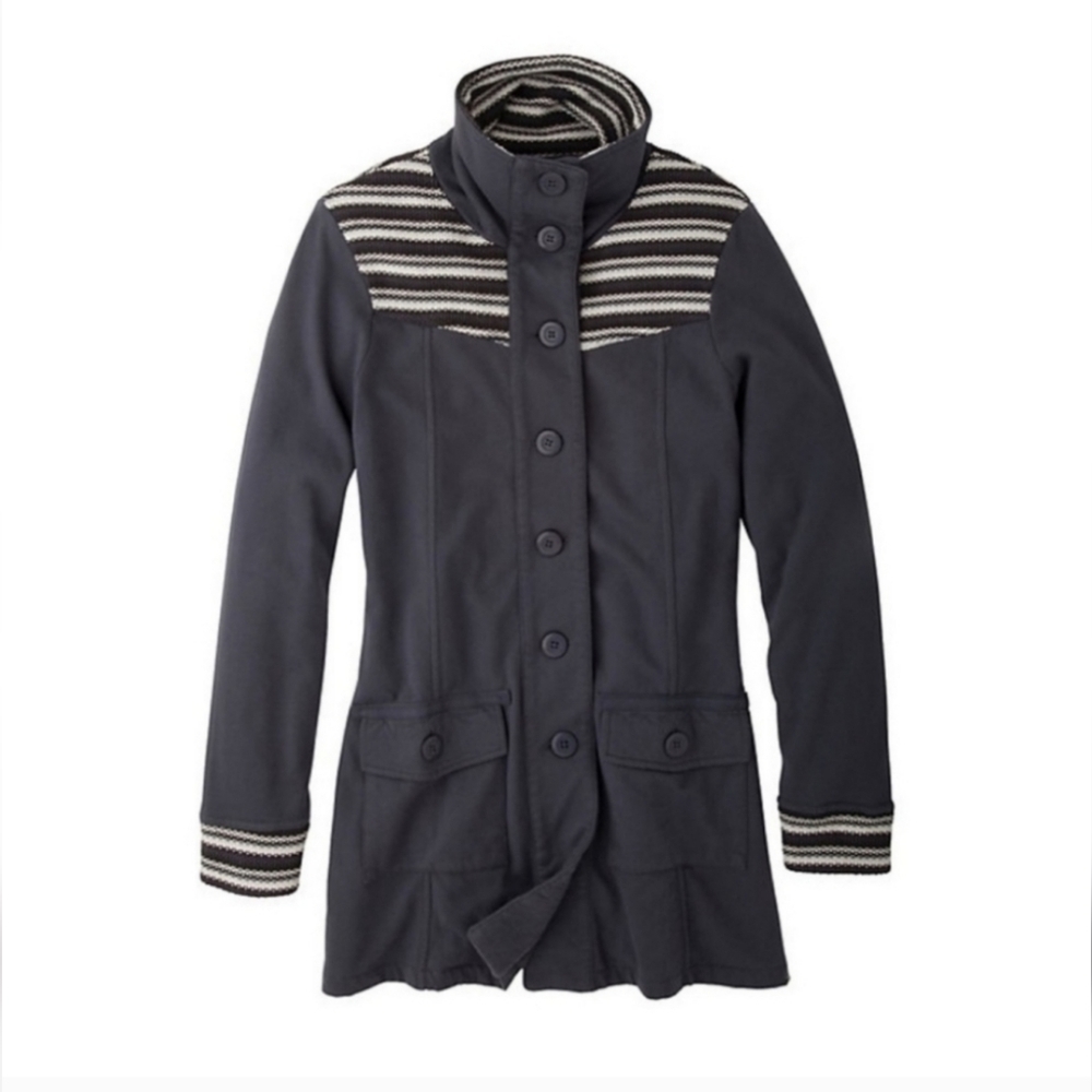 Prana Rowen Gray Woven Striped Button Front Fleece Longline Trench Jacket